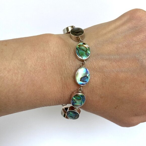 Sterling Silver 925 Oval Bezel Set Abalone Link Cable Chain Bracelet 6.5"- 7.75" - Picture 1 of 16